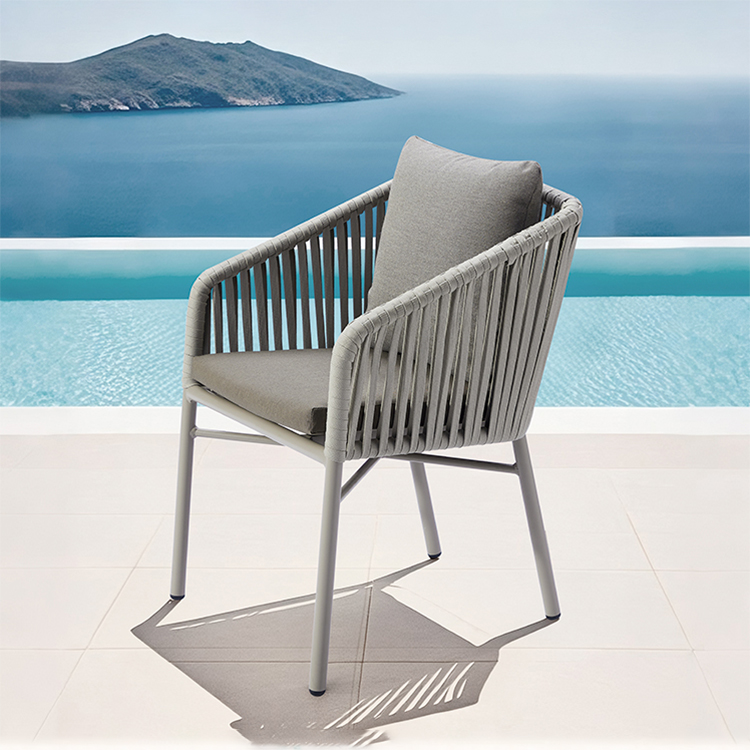 Handwoven Gray Rope Patio Armchair – Minimalist Weather-Resistant Aluminum Outdoor Garden Chair