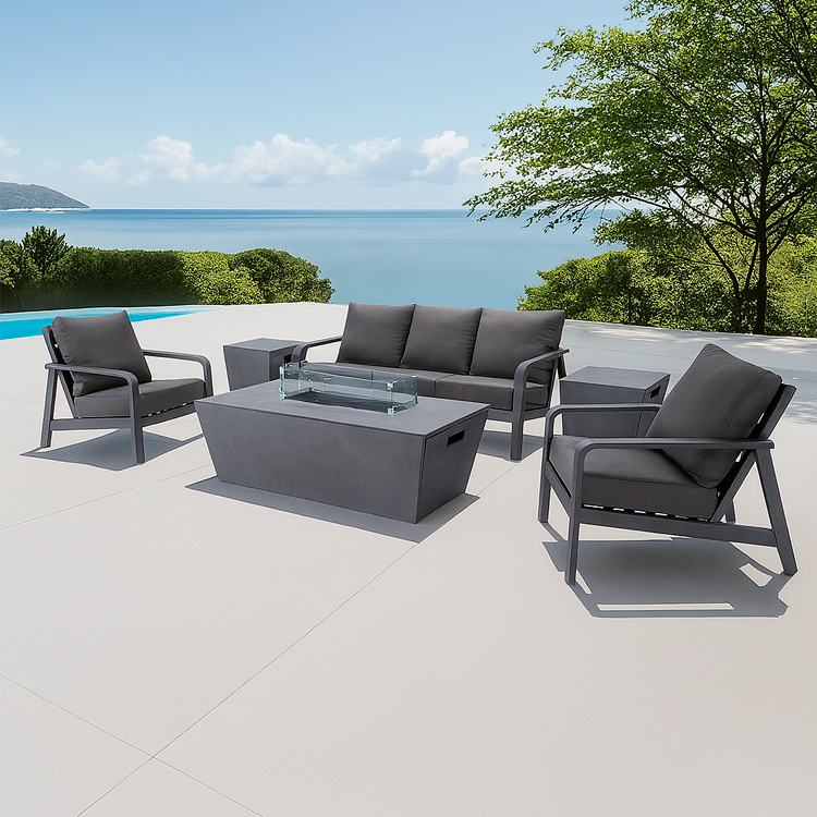 All-Weather Luxury Deep Seating Outdoor 5-Seater Aluminum Chat Sofa Set with Fire Pit