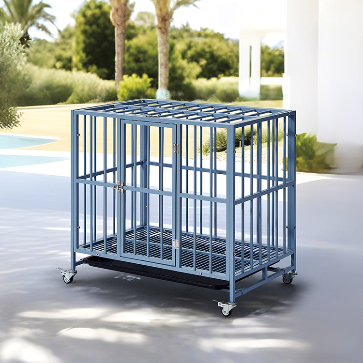 Blue Industrial-Style Durable Metal Outdoor Patio Dog Crate Cage with Lock and Wheels