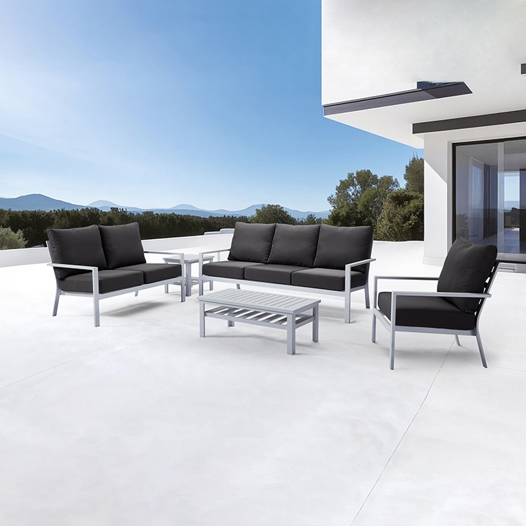 Scandinavian-Inspired Waterproof Metal Frame Outdoor Seating Patio Aluminum Sofa Set with Black Cushions
