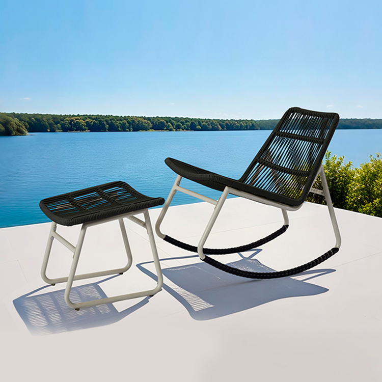 Modern Aluminum Weatherproof Garden Furniture Set Woven Rope Backrest Outdoor Rocking Chair with Ottoman