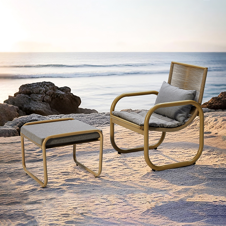 Weatherproof Aluminum Frame Woven Rope Backrest Balcony Armchair with Ottoman
