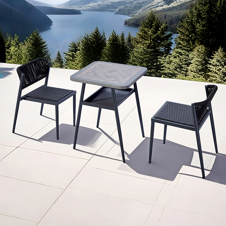 Minimalist 2-Seater Outdoor Garden Furniture Table Chair Set with Rust-Resistant Aluminum and Rope-Woven Backrests