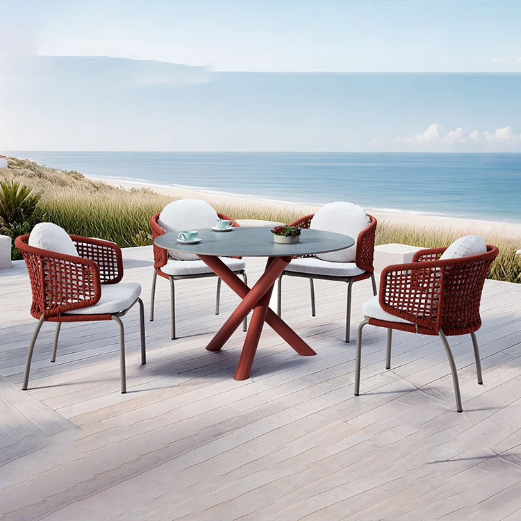 Modern Stylish Garden Seating Outdoor Furniture Beachside Rope Woven Patio Dining Chair Set for 4 with Round Table