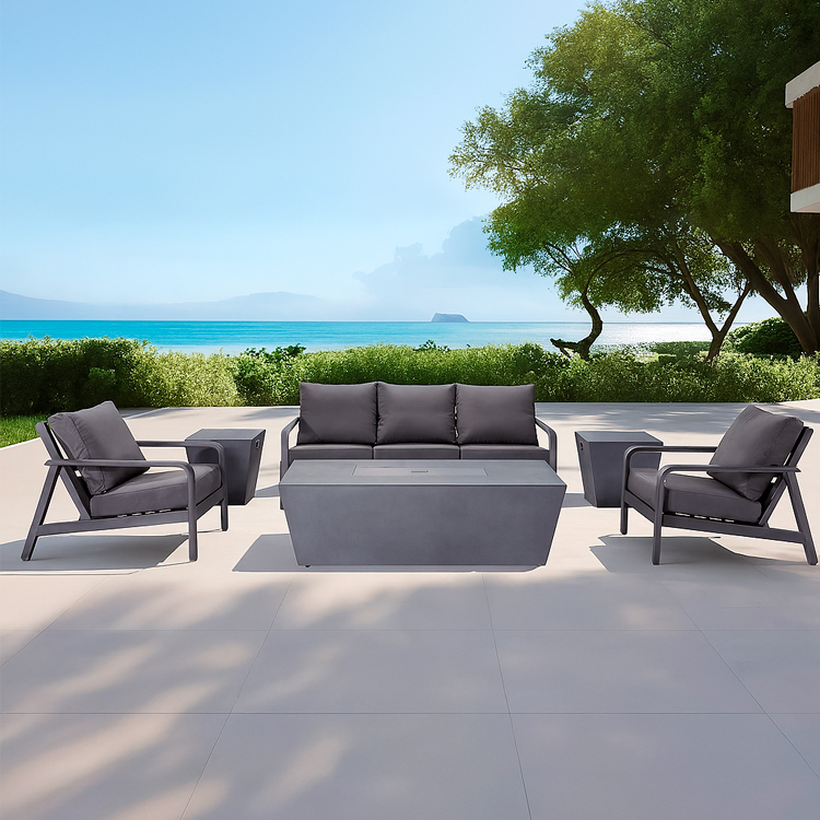 All-Weather Luxury Deep Seating Outdoor 5-Seater Aluminum Chat Sofa Set with Fire Pit