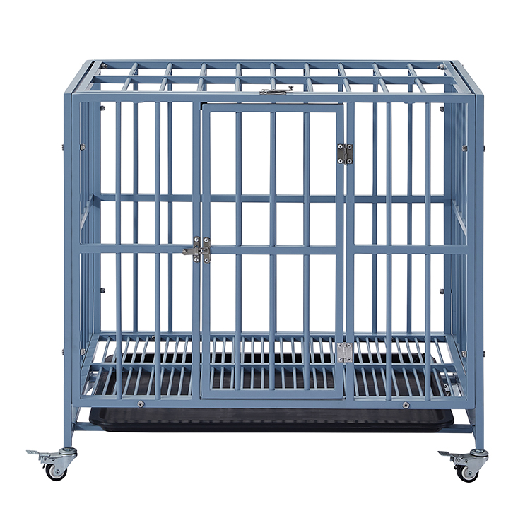 Blue Industrial-Style Durable Metal Outdoor Patio Dog Crate Cage with Lock and Wheels