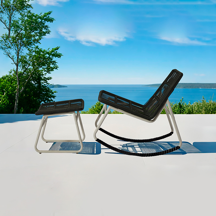 Modern Aluminum Weatherproof Garden Furniture Set Woven Rope Backrest Outdoor Rocking Chair with Ottoman