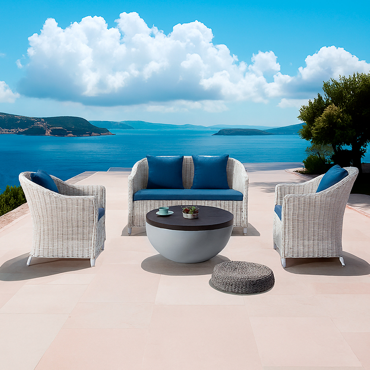 Mediterranean Style Versatile White PE Rattan Patio Couch Weatherproof Outdoor Wicker Sofa Set for Balcony and Terrace