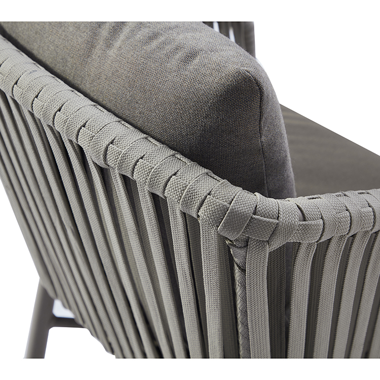 Handwoven Gray Rope Patio Armchair – Minimalist Weather-Resistant Aluminum Outdoor Garden Chair