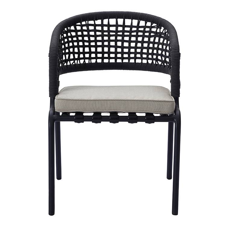 Nordic Style Leisure Patio Black Metal Armchair Furniture Ergonomic Design Rope Woven Backrest Garden Dining Chair with Cushion