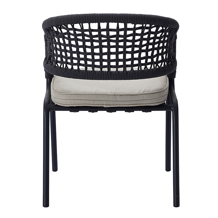 Nordic Style Leisure Patio Black Metal Armchair Furniture Ergonomic Design Rope Woven Backrest Garden Dining Chair with Cushion