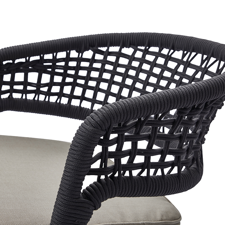 Nordic Style Leisure Patio Black Metal Armchair Furniture Ergonomic Design Rope Woven Backrest Garden Dining Chair with Cushion