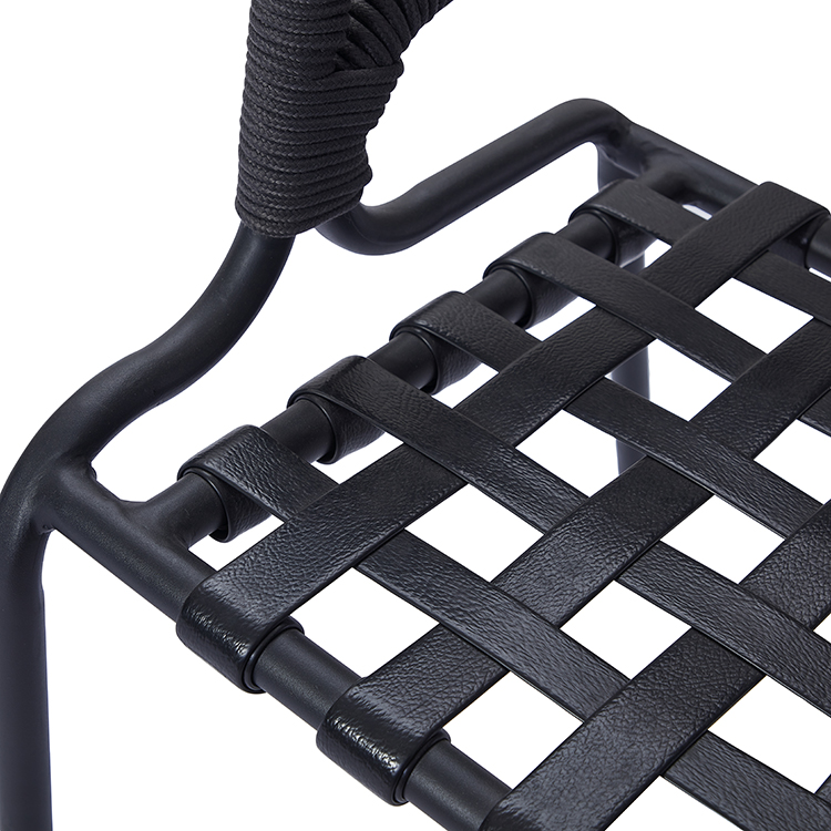 Nordic Style Leisure Patio Black Metal Armchair Furniture Ergonomic Design Rope Woven Backrest Garden Dining Chair with Cushion