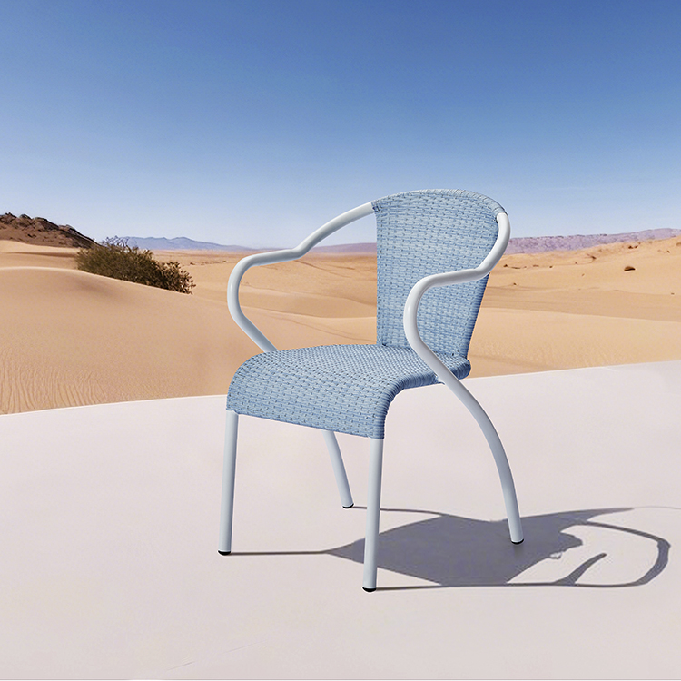 Nordic Style Cafe Woven Seating Comfortable Backrest Armchair Waterproof Aluminum Outdoor Bistro Blue Rattan Dining Chair