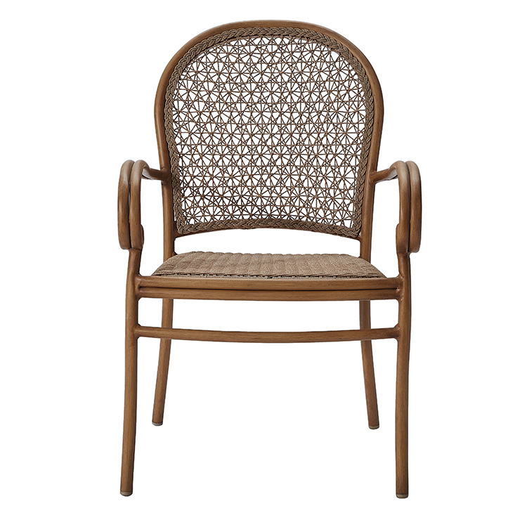 Retro Leisure Outdoor Patio Aluminum Rattan Armchair Furniture Vintage French Garden Café Wicker Stackable Dining Chair