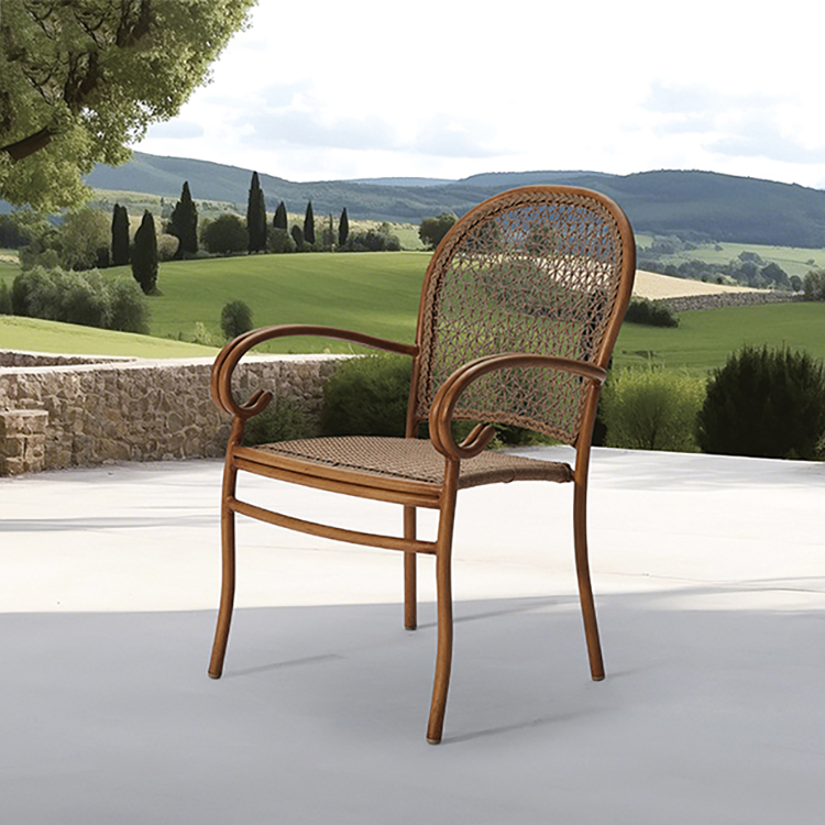 Retro Leisure Outdoor Patio Aluminum Rattan Armchair Furniture Vintage French Garden Café Wicker Stackable Dining Chair