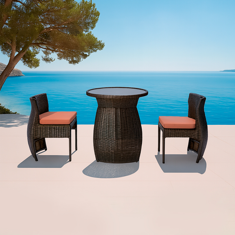 Outdoor Furniture Patio Bistro Small Cushioned Wicker Rattan Table And Chairs For Two
