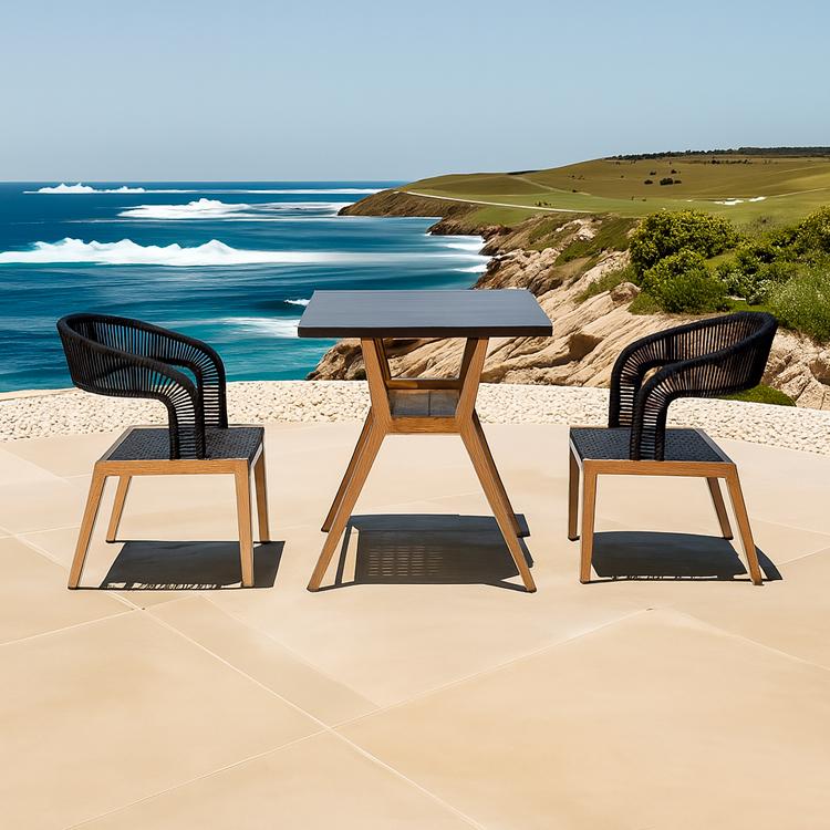 All-Weather Modern Bistro Outdoor 3-Piece Dining Set Rope Woven Armchairs with Square Table