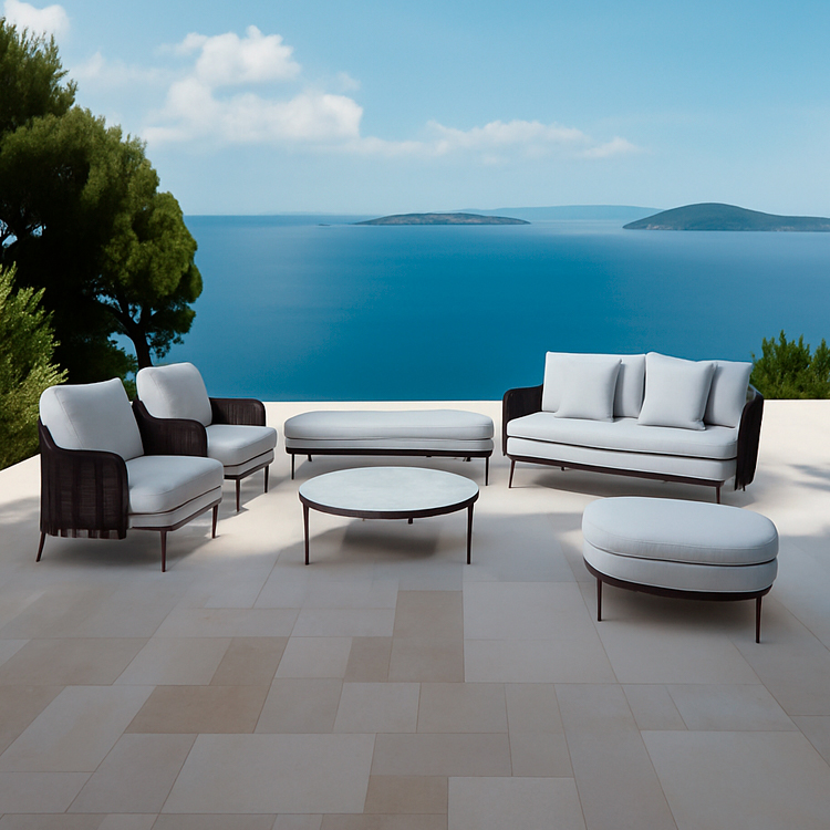 Scandinavian All-Weather Aluminum Deep Seating 6-Piece Outdoor Conversation Sofa Set with Ottoman