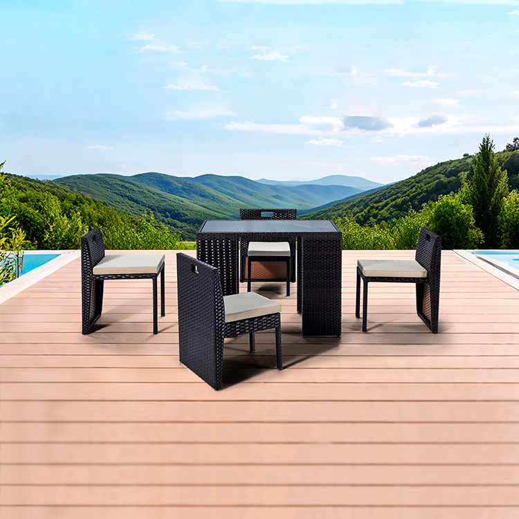 All-Weather Compact Patio Seating 5-Piece Outdoor Garden Wicker Dining Chair Set with Glass-Top Table