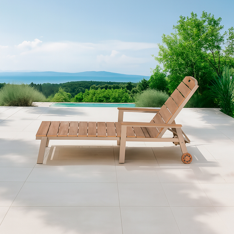 Adjustable UV-Protected Luxury Wood-Plastic Aluminum Outdoor Chaise Lounge Chair with Wheels
