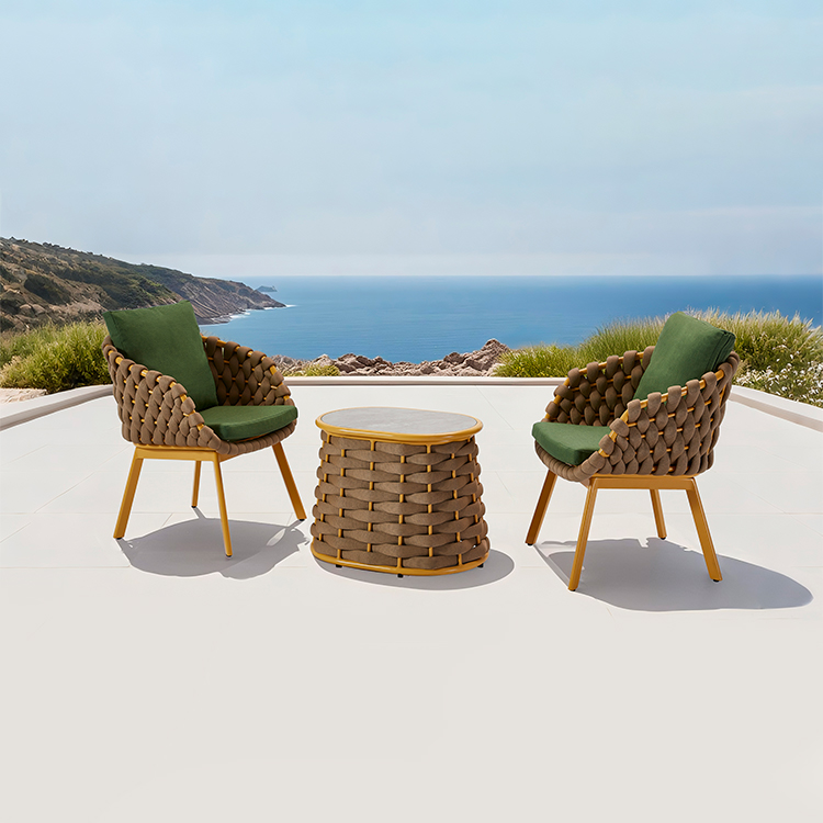 3-Piece All-Weather Outdoor Balcony Chair Furniture Modern Garden Rope Bistro Dining Set with Cushion