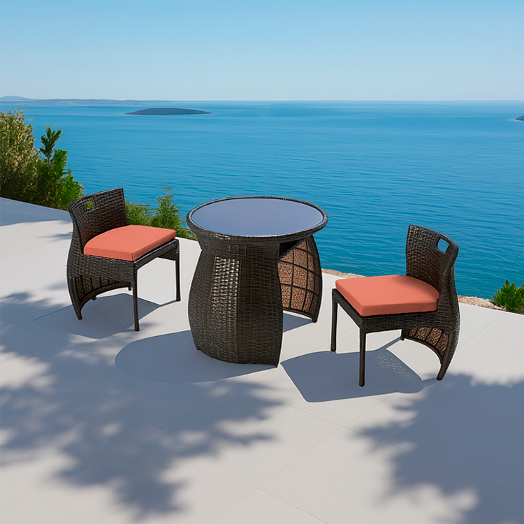 Outdoor Furniture Patio Bistro Small Cushioned Wicker Rattan Table And Chairs For Two