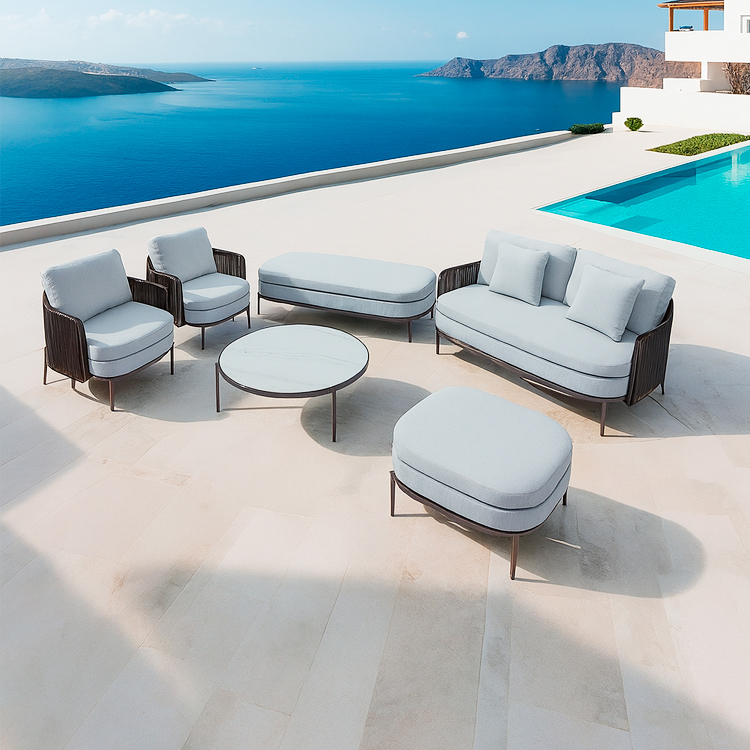 Scandinavian All-Weather Aluminum Deep Seating 6-Piece Outdoor Conversation Sofa Set with Ottoman