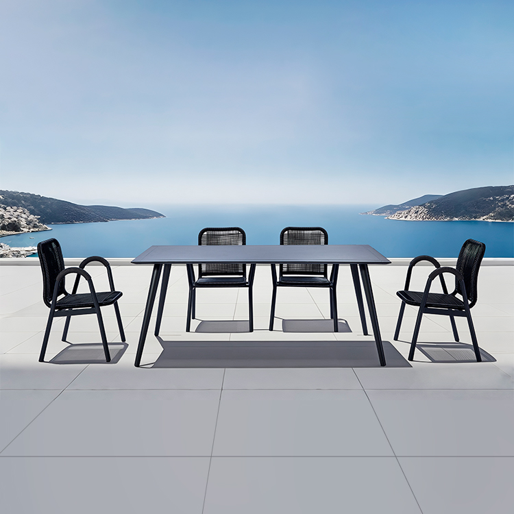 Lightweight Multi-Seat Patio Dining Outdoor Aluminum Table and Rope Woven Armchairs with PE Rattan Backrest