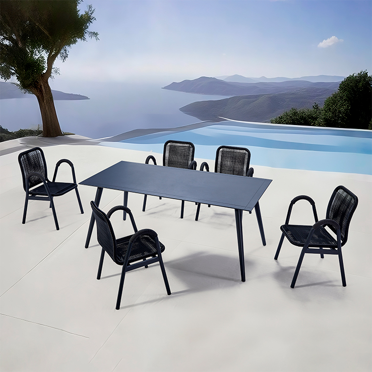 Lightweight Multi-Seat Patio Dining Outdoor Aluminum Table and Rope Woven Armchairs with PE Rattan Backrest