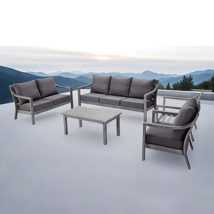 Modern Outdoor Aluminum Sofa Set with Faux Wood Finish | Weatherproof Patio Conversation Set with Coffee Table
