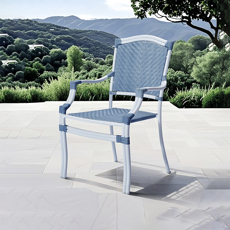 Modern Designer Balcony Outdoor Seating Furniture Dining Armchair Coastal Stackable Aluminum PE Rattan Café Chair