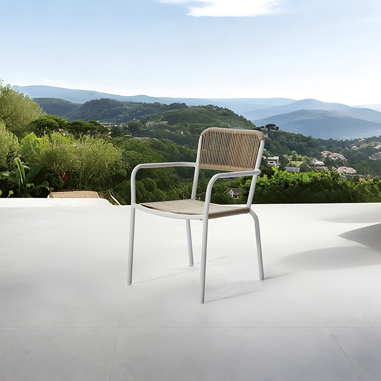 Italian-Inspired Minimalist Outdoor Hotel Woven Lounge Chair Furniture Nordic Waterproof Metal Frame Rope Dining Armchair