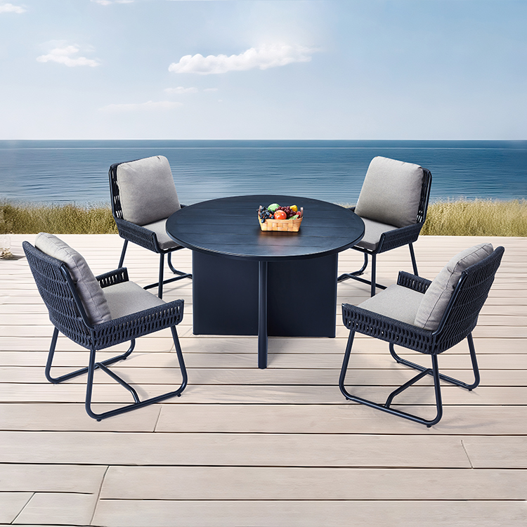 Resort Style Outdoor Patio Thick Rope Seat Round Dining Table and Chairs Set for 4 with Aluminum Frame