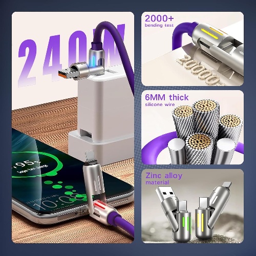 240W 4-in-1 Functional USB Type C Data Cable Super Fast 4K Charging Cable