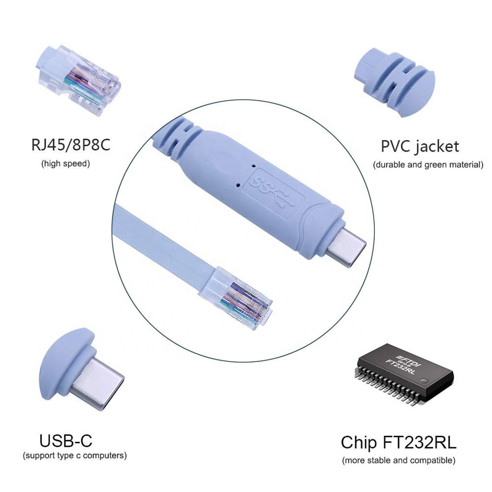 6FT USB Type-C to RJ45 Console Cable with FTDI Chip FT232RL, USB-C to Serial RS232 Rollover Cable for Routers and Switches