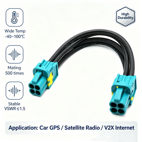 Premium Mini FAKRA Female Jumper Cable 50Ω RF Extension Assembly with Dual Quad Port for GPS Antenna, V2X and 5G Vehicle Connectivity