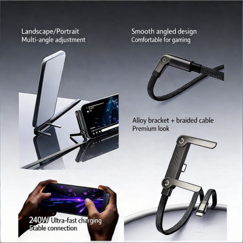 Multi-Angle Adjustment Non-Stop Charging Phone Holder 240W Fast Charging Foldable Mobile Phone Holder Data Cable