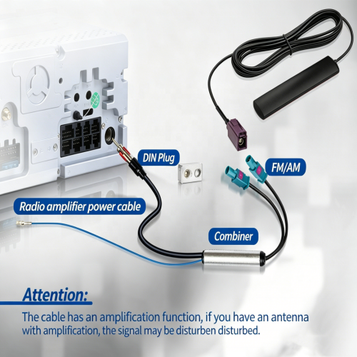 Premium Dual Fakra Z to DIN Antenna Adapter with 12V Active Amplifier for Aftermarket Car Radio