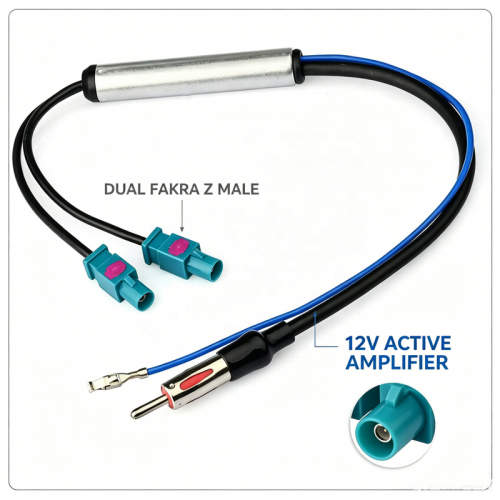 Premium Dual Fakra Z to DIN Antenna Adapter with 12V Active Amplifier for Aftermarket Car Radio
