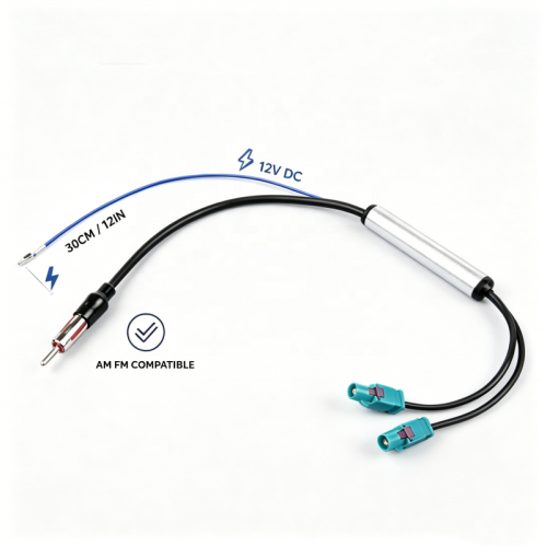 Premium Dual Fakra Z to DIN Antenna Adapter with 12V Active Amplifier for Aftermarket Car Radio