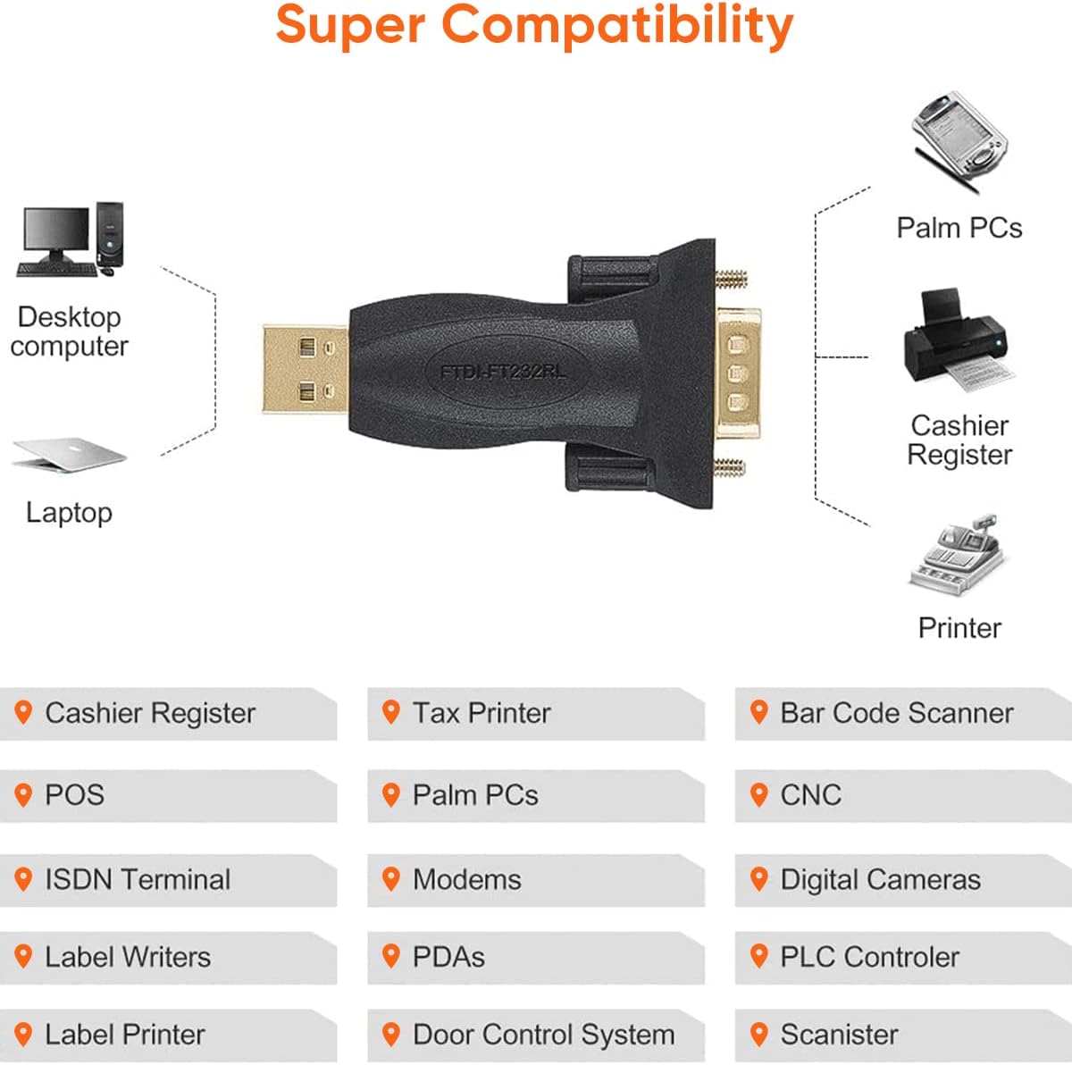 USB to RS232 Adapter with FTDI Chipset, USB to RS232 Male DB9 Serial Converter for Cashier Register, Modem, Scanner, Industrial Machinery, CNC, Black