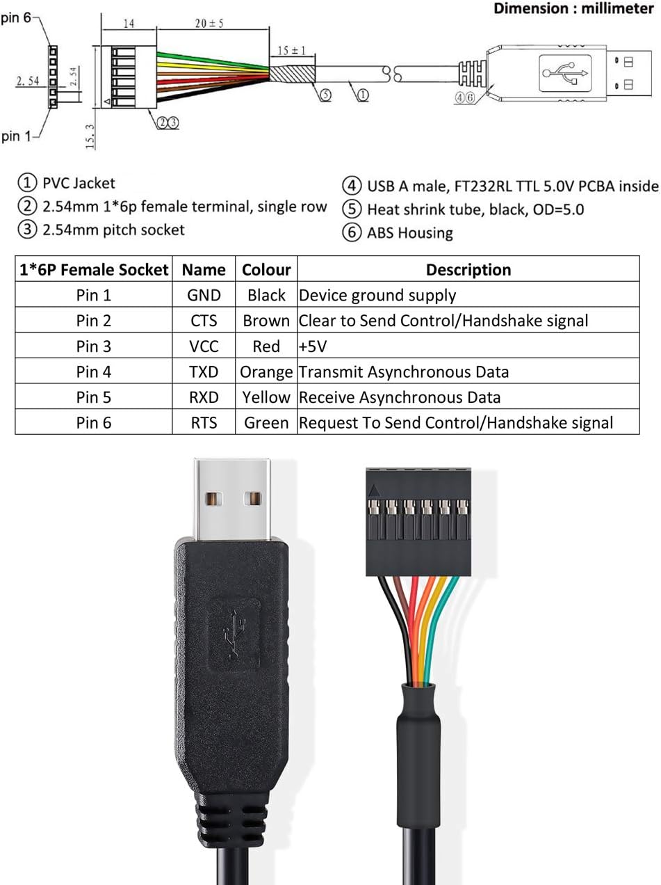 USB to TTL Serial 5V Adapter Cable with FTDI FT232RL Chip 6 Pin 0.1 ...