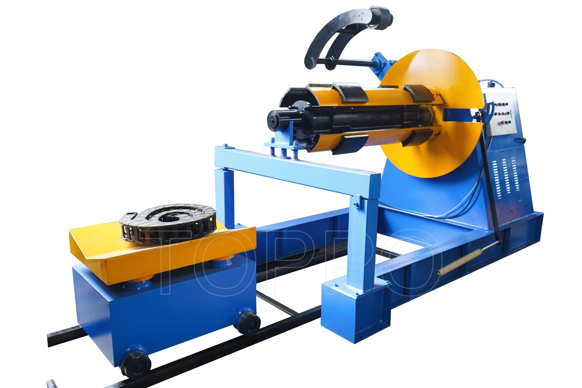 Industrial Decoiler with Hydraulic Coil Car, Pressing Arm, Support Arm & Rotating Disc