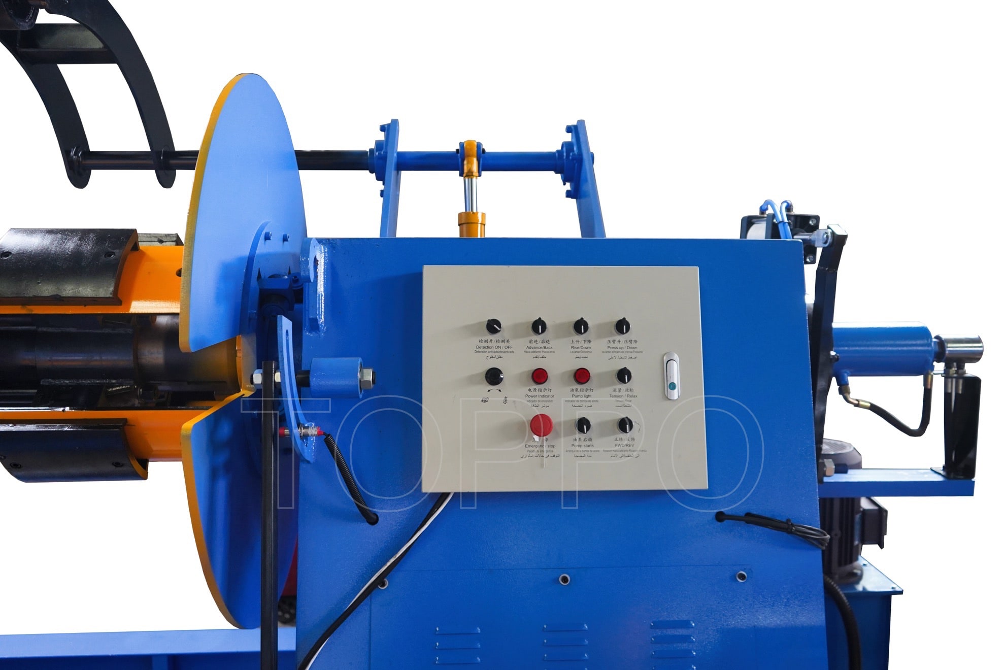 Industrial Decoiler with Hydraulic Coil Car, Pressing Arm, Support Arm & Rotating Disc