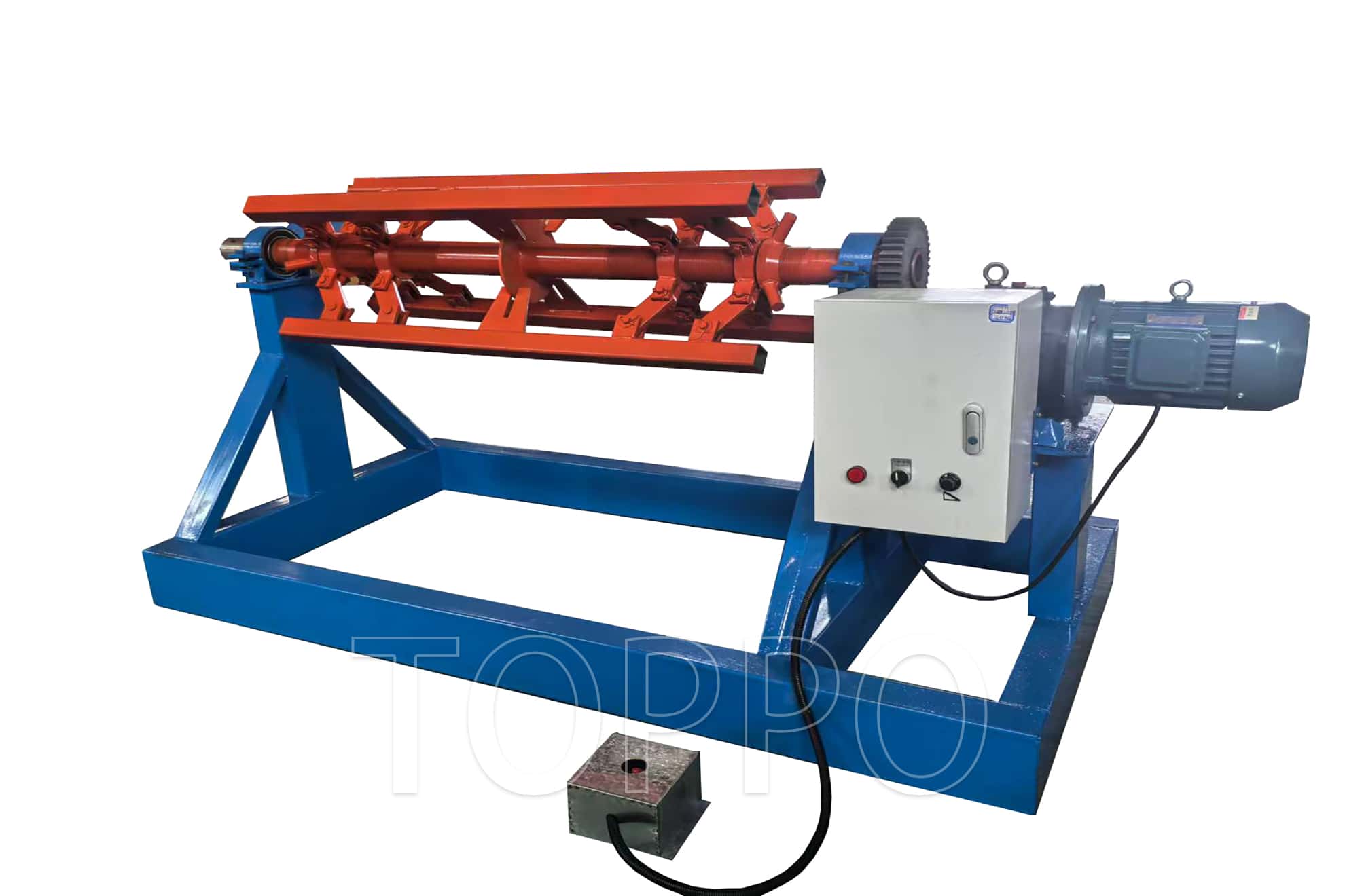 Electric Decoiler with Red Expansion Arm and Control Panel