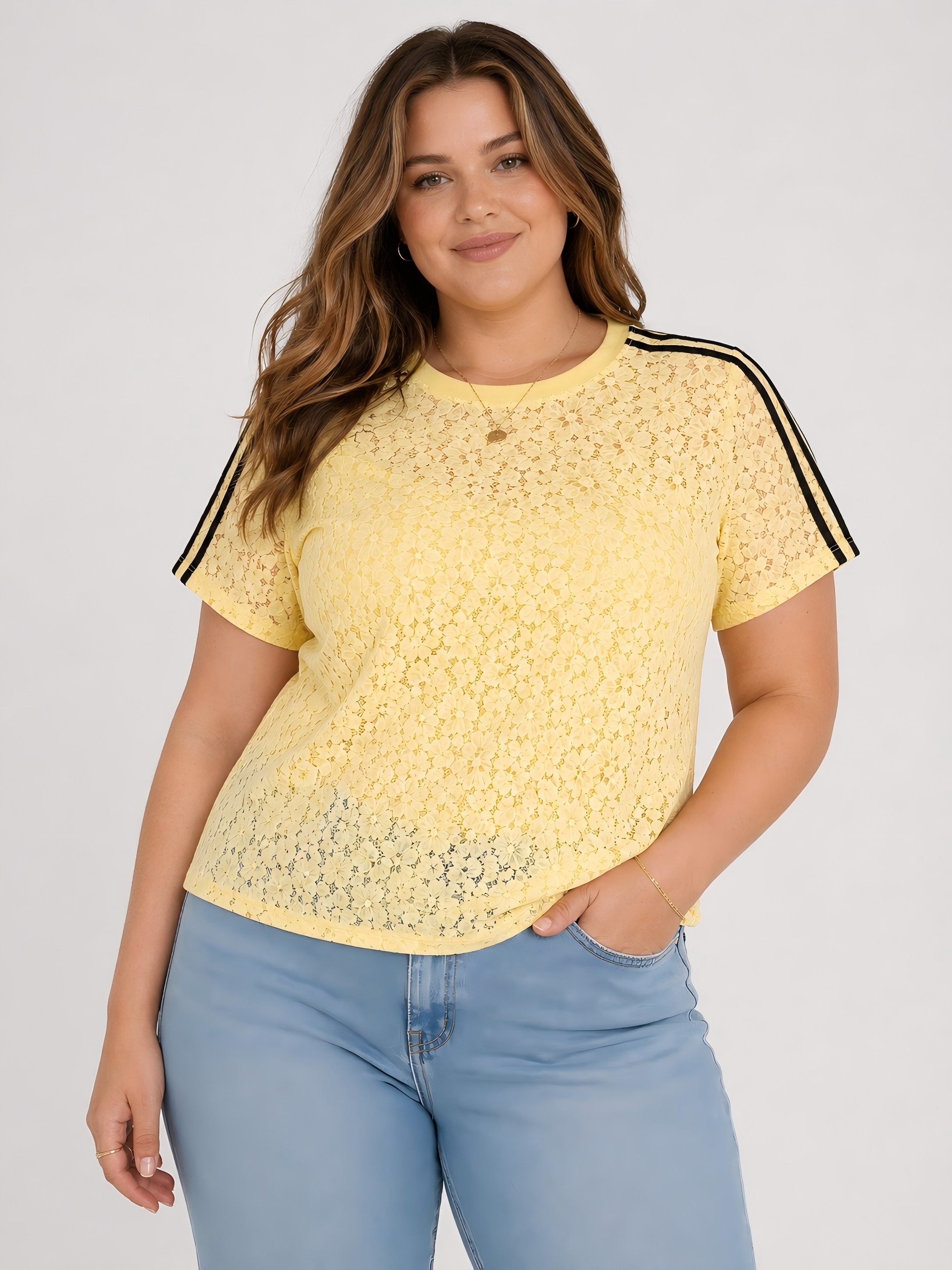 Women Floral Lace Short Sleeve Casual T-Shirt Summer Round Neck Loose Fit Top