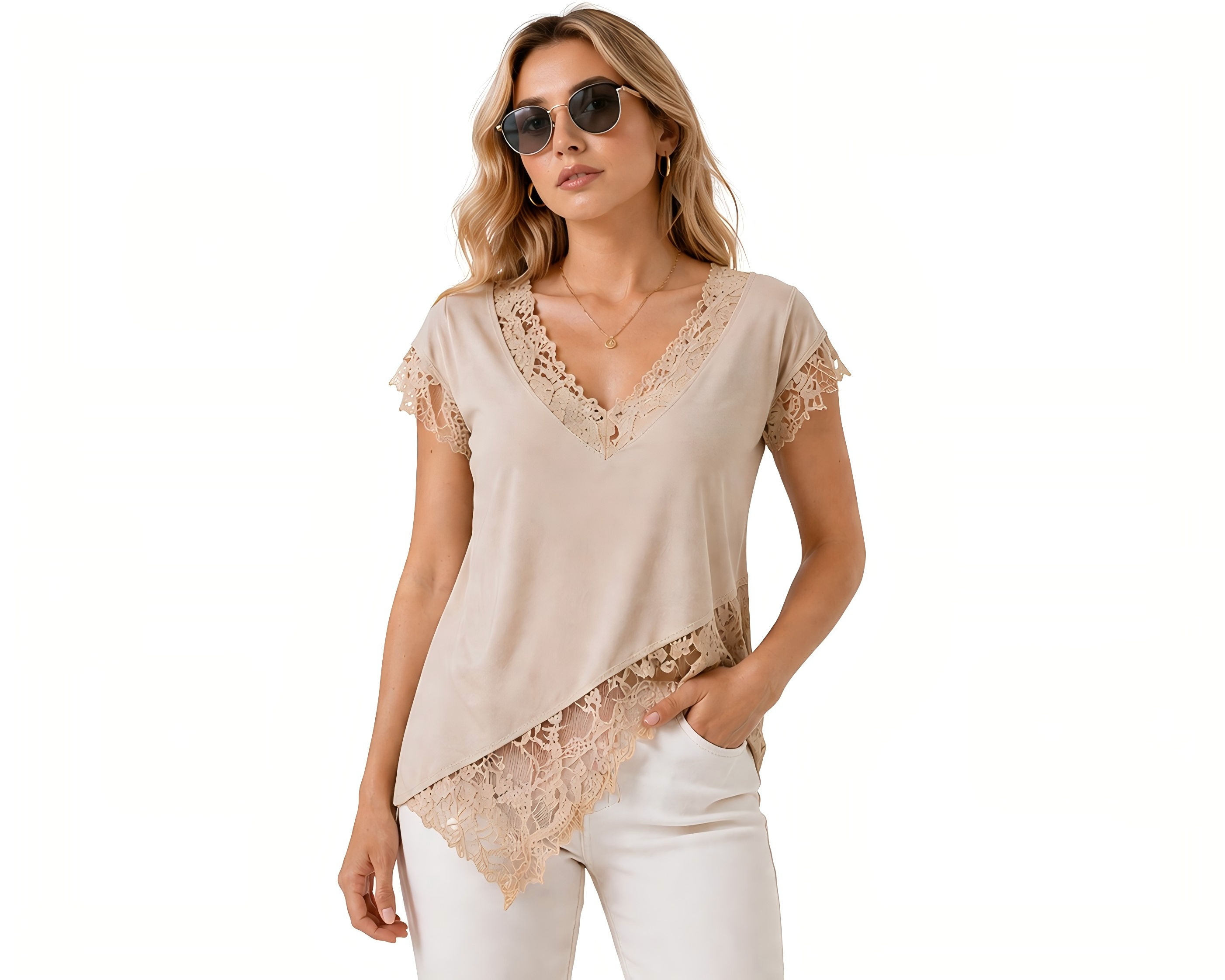 Elegant Beige Lace T-Shirt – 95% Cotton, Customizable 2026 Trendy Tee