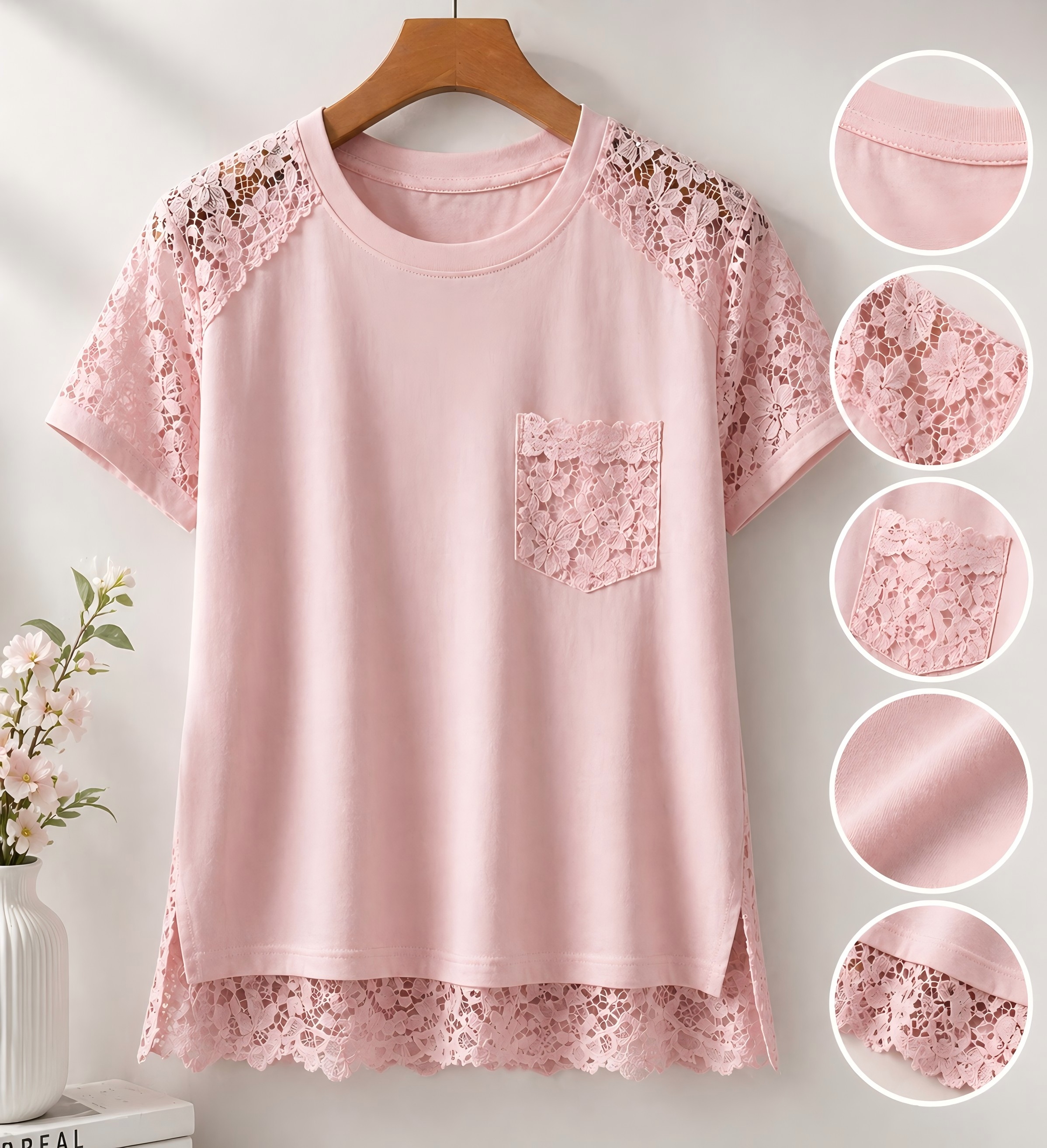Elegant Pink Lace T-Shirt – 95% Cotton, Customizable 2026 Trendy Tee