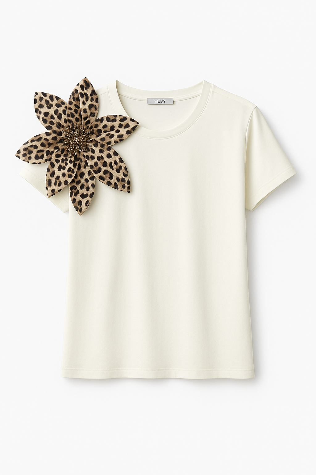 Leopard Print Flower Decorated Basic T-Shirt